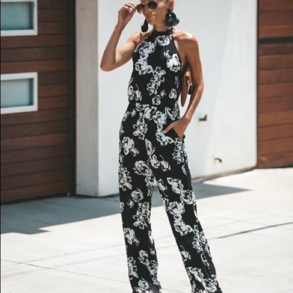 Floral halter pocketed jumpsuit